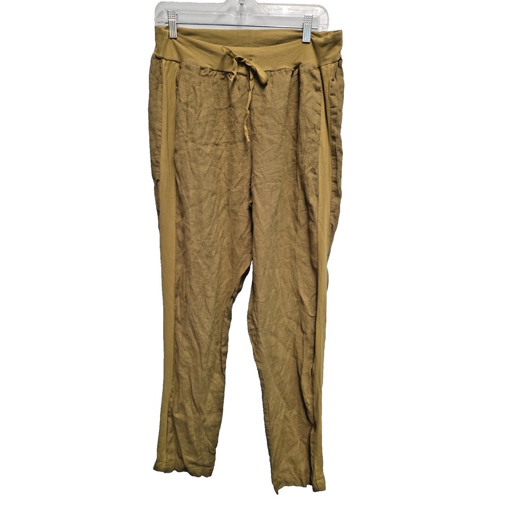 Flax Pant Women Olive Linen Med Straight Leg Pull‎ On Drawstring Long Pants NEW